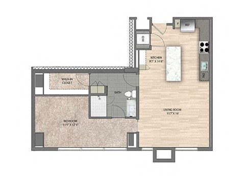 Floor plan for 1 bed, 1 bath, 915 sqft